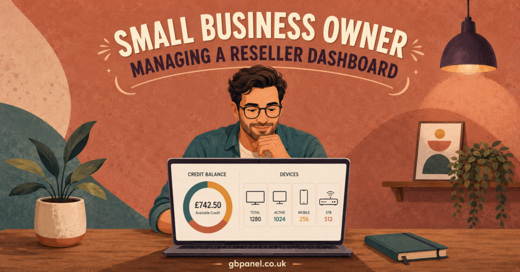 Small business owner managing an IPTV reseller dashboard