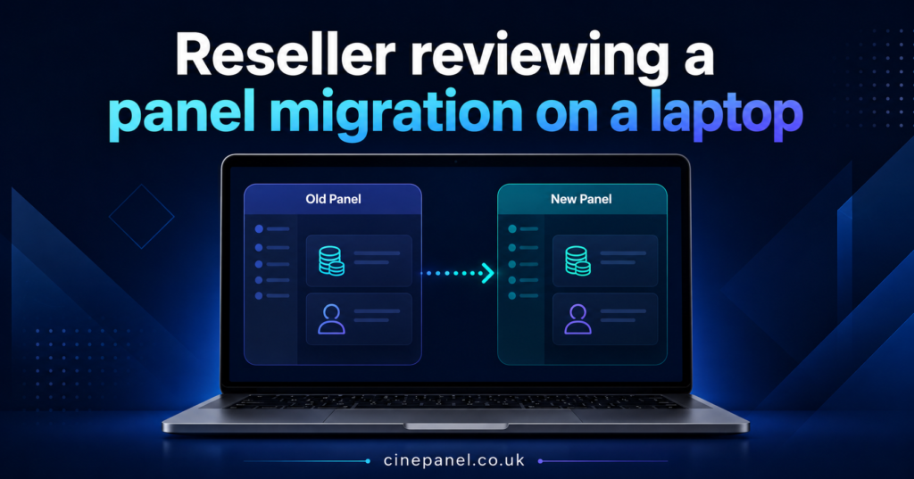 Reseller reviewing a panel migration on a laptop